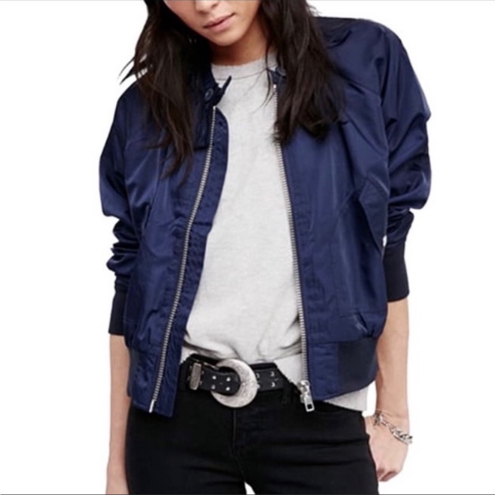 Free People Midnight Blue Satin Bomber